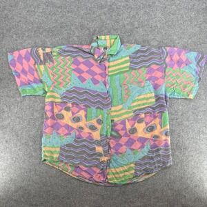 Vintage Multicolor Abstract 90s Button Down Short Circuit Shirt Womens Large